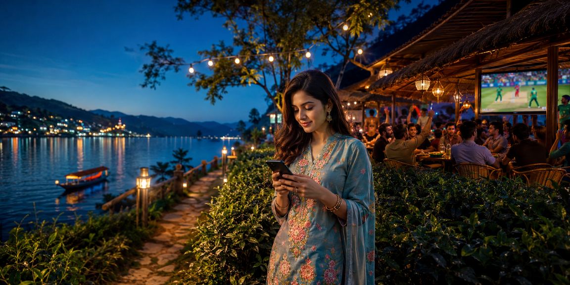 Cricket betting scene set against a tea garden backdrop